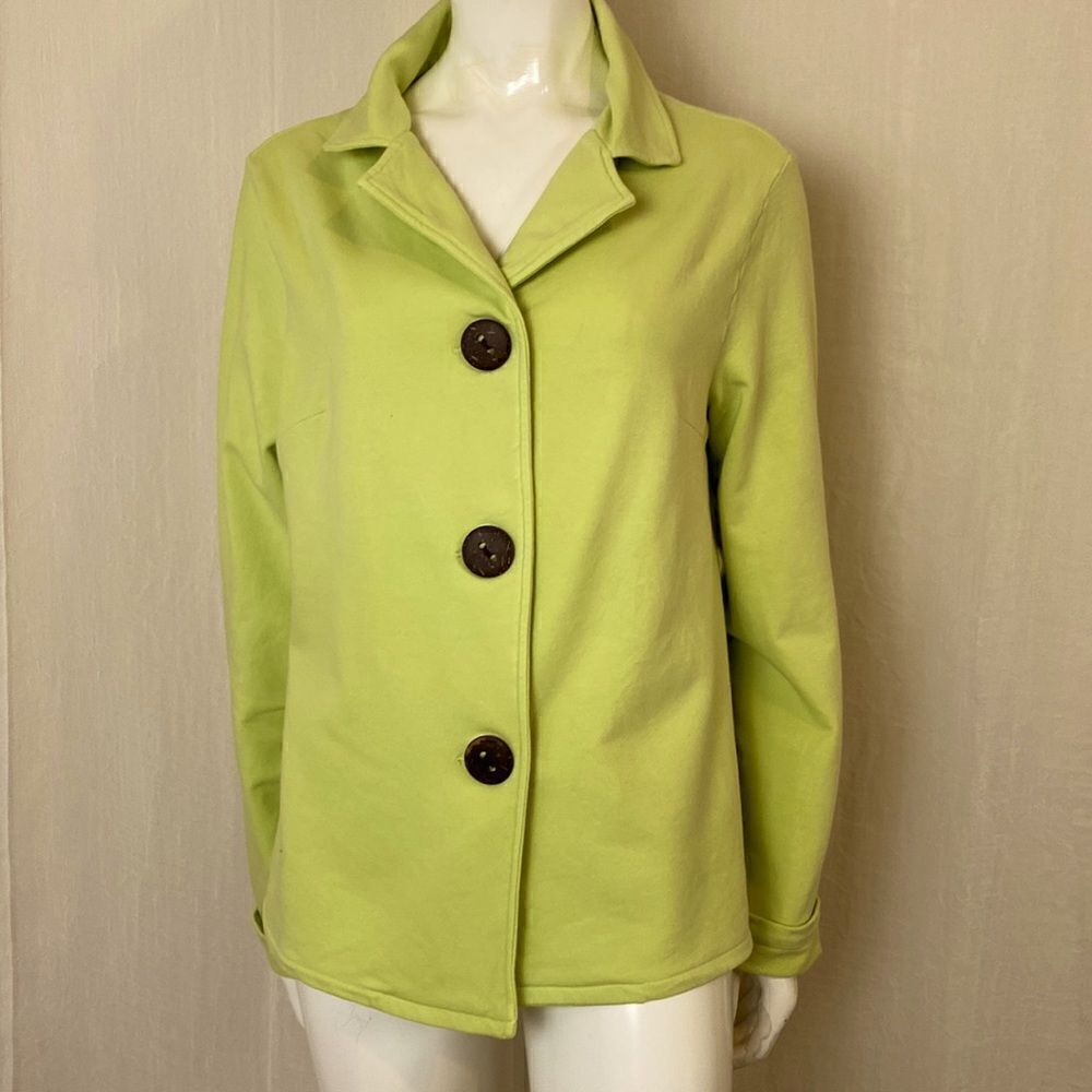 Fresh Produce Jacket Boxy Fit Soft Lime Color Large Wooden Buttons Cotton SZ Med